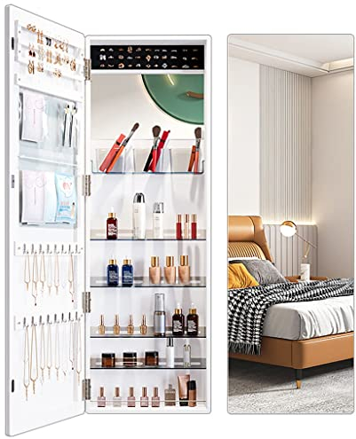 Schmuck Armoire, Wandmontage/Türhängelspiegel, abschließbarer Schmuckschrank mit Spiegel in voller Länge und 6 Lagerständer, Schmuck Organizer Storage Box for Frauen Mädchen