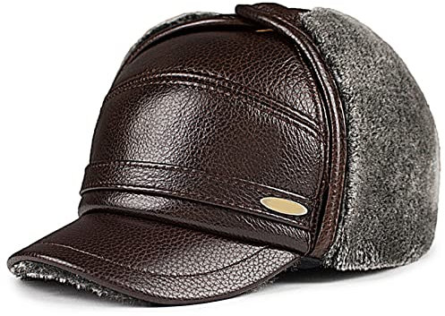 JIARY Mütze Herren,Fliegermütze,Outdoor-Lederhut Für Herren Mit Winddichter, Warmer Ohrenschützer-Lederhut,Trappermütze Aus Für Herren,Dark Brown,XXL (59~60cm)