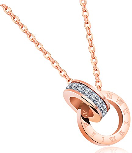 murtoo Women's Necklace Double Circle Pendant Silver Rose Gold Zirconia Interlocking Infinity Pendant Necklace Jewelry Gift for Her (Rose Gold)