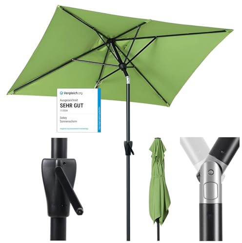 Sekey Aluminum Rechteckiger Sonnenschirm 210x140 cm mit Kurbel und Knicker | UV 50+ Schutz, hochwertige, rostfrei, 180 g/m² Polyester, 38 mm Alu-Mast, GRS-zertifiziert, für Garten/Balkon/Terrasse