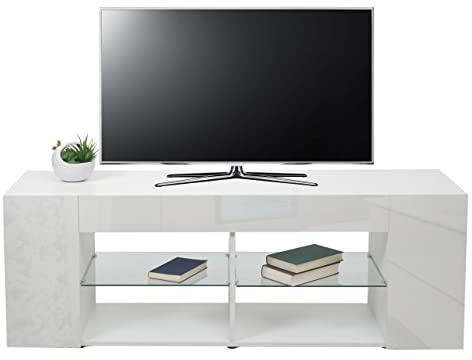 Meuble TV HWC-L36 50x144x40cm Compartiment de Rangement, Blanc Brillant