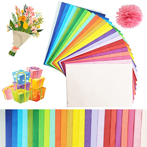 125 Blatt Seidenpapier, 25 Farben Buntes Papier, 35 X 50 cm Bastelpapier Transparent Geschenkpapier, zum Kreieren von Pompoms, Papierblumen Hochzeit, Geburstag, Weinachtensgechenk Geschenk Deko