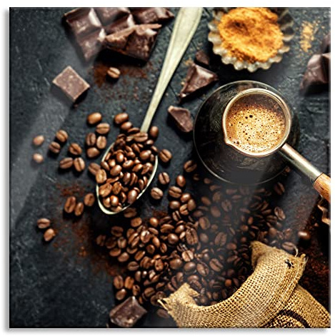 Pixxprint Quadro in vetro su vetro vero chicchi di caffè e cioccolato dall'alto, 40 x 40 cm, con sospensione e distanziatore