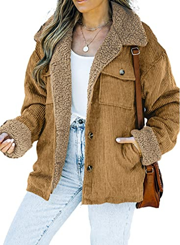 Dokotoo Stylish Winter Clothing for Women Thick Sherpa Lined Warm Corduroy Jackets Classic Button Down Long Sleeve Comfy Teddy Bear Oversized Winter Coats Fall Clothes with Side Pockets Brown L