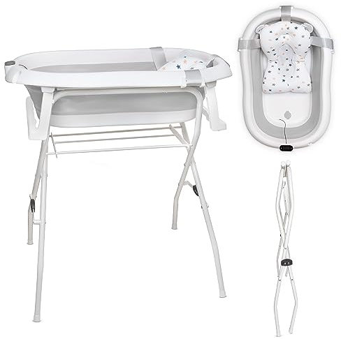 moovkee. Babybadewanne mit Gestell 80cm - Baby Badewanne Faltbar mit Thermometer und Badekissen - Babywanne mit Ständer Sicher für Ihr Baby - Babybadewanne Neugeborene