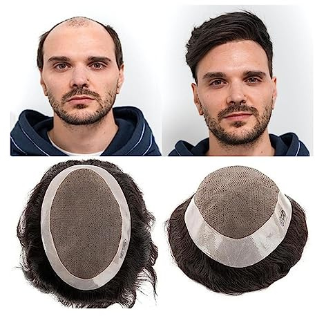 Herren Toupet Toupet for Männer, feines Mono-Echthaar-Toupet-Ersatzsystem mit PU-Umrandung for Männer, natürlicher Haaransatz, mittlere Dichte, langlebige männliche Haarprothese Kurze Herrenperücke (