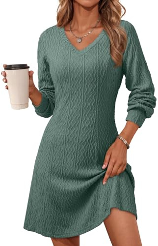Dokotoo Spring Dresses for Women Wedding Guest Fall Winter Clothing 2026 Business Casual Work Long Sleeve Dress V Neck Knit Ribbed Ladies A Line Sweater Dress Mist Green Dresses for Women M