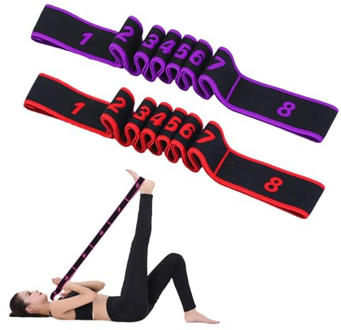 Flyicloud 2 Stück Yoga Stretching Band, Fitnessband mit 8 Schleifen, Yogagurt Dehnungsband, Yoga Stretch Gurt Resistance Bands für Fitness, Yoga, Pilates, Tanztraining
