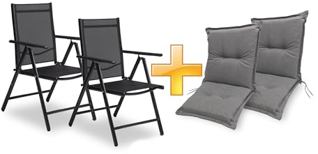 sunnypillow 2er Set Gartenstühle und Gartenstuhlauflagen Niedriglehner | 100x50x9 cm Auflage wasserdicht UV-lichtecht | Klappsessel Klappstuhl für Garten Polsterauflagen Stuhlauflage | Grau