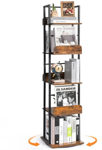 Bikoney 5-stöckiges Drehbares Bücherregal, Eck-Bücherregal Turm, Freistehendes Schmales Regal im Industrie-Stil, Hoher Bücherständer aus Metall für Wohnzimmer, Büro und Kleine Räume Schwarz