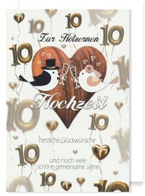 AvanCarte Hölzerne Hochzeit Grußkarte Hochzeitstag Herzen Vogelpaar 10 16x11cm