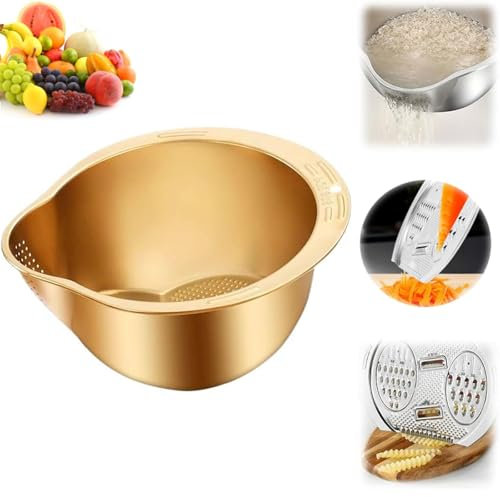 Rice Washer Strainer Bowl with Grater, Multifunction Stainless Steel Basin Grater Colander Strainer 4 In 1 Set Shredding & Drainage Chopping Basin Vegetable Cutter Slicer Salad Maker Bowl Gold