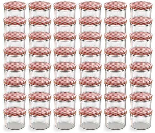 Oputec 48 x 230 ml Einmachgläser mit Schraubdeckel rot kariert – Perfekt für Marmeladen, Konfitüren und mehr, kleine Gläser mit Deckel, ideal als Mini-Marmeladengläser und Schraubgläser