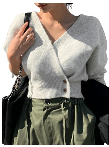 WDIRARA Women's Wrap V Neck Sweater Button Front Long Sleeve Crop Knitted Top Grey Large