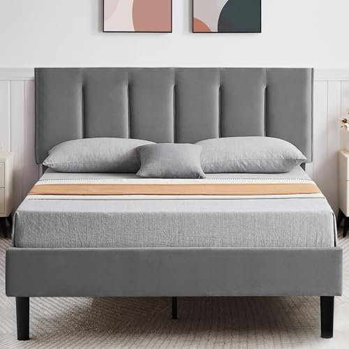 VECELO Polsterbett 140 x 200 cm Doppelbett mit Höhenverstellbarem Kopfteil, Bettrahmen Stoffbett mit Lattenrost, Gepolstertes Bettgestell, Kein Boxspring erforderlich, Samt, Ohne Matratze, Grau