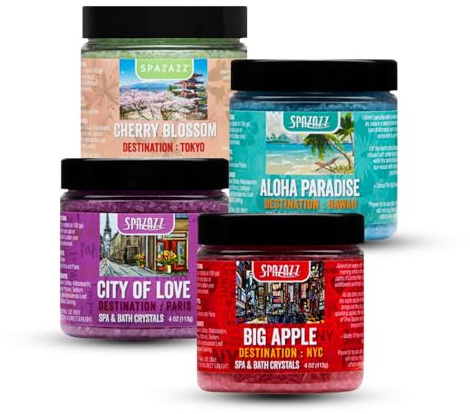 Hot Tub & Spa Aromatherapy Bath Salt Crystal Scents Spazazz Destinations Collection Bundle Aloha Paradise, Big Apple, City of Love, Cherry Blossom - Will Not Damage Spas & Hot Tubs (4 oz)