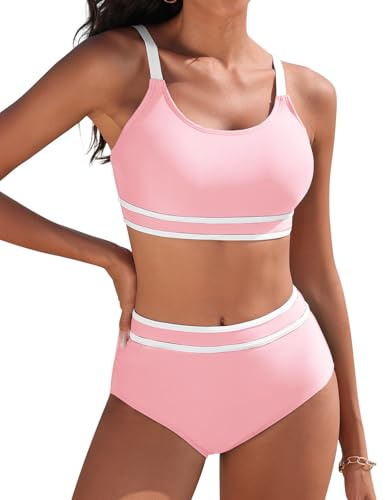 Yuson Girl Dam Baddräkt Tvådelad Push Up Vadderad BH Bikini Dam Hav Justerbar Badkläder U-ringning Randig Patchwork Bikini Hög Midja Strandbikini, Rosenröd, XXL
