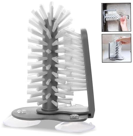 Glasreinigungsbürste, Spülbürste, Gläserspülbürste mit Saugnapf Gläserbürste, Großer Saugnapf, Doppelseitiger Borstenbürste für Gläser, Weingläser, Grau