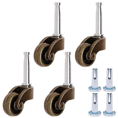 S SYDIEN 1 inch Swivel Wheel Caster Set of 4, Zinc Alloy Chair Wheels for Furniture with Socket, Antique Brass Chair Casters for Furniture Legs Desk Cabinet Sofa