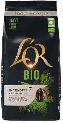 L'OR Bio Intensité 7 - Grains de café 900g | 100 % Arabica, Notes de caramel et zestes d'agrumes