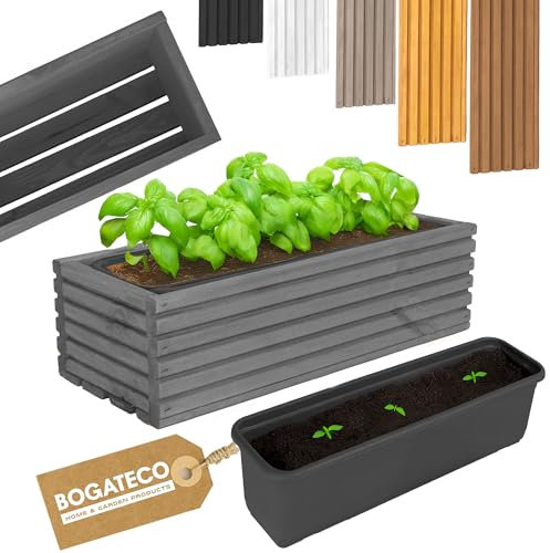 BOGATECO Jardinera de madera de 44 x 20 cm con maceta interior, jardinera para jardín, jardinera para balcón, jardinera para terraza, maceta con inserto para hierbas para el hogar, color gris oscuro