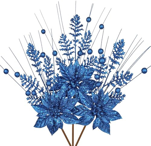 Oairse 3er-Set Künstlichen Weihnachtsblumen Glitzer Kunstzweig Weihnachten Deko für Weihnachtsbaum-DIY-Dekoration, Künstliche Blumen für Feiertage, Esstisch-Mittelstück, Blau