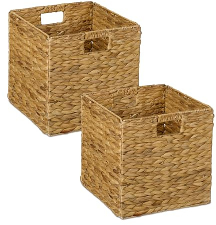 Relaxdays Cesta Almacenaje, Set de 2, Jacinto de Agua, Ropa, Juguetes, 30x30x30 cm, Cestita Trenzada Estantería, Natural