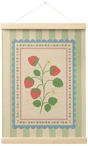Evcprz Rustic Floral Strawberry Wall Art Poster Hanger Frame, Strawberry Room Decor, Green Striped Cute Strawberries Hanging Canvas Prints Wall Art Decor for Home Kitchen, 12x16 Inch