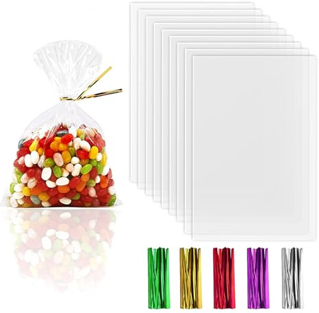 Anstore Süßigkeiten Tüten Klein Durchsichtige 8x12cm, 200 Zellophantüten Transparent Kekstüten mit 200 Bunt Metallischen Bindebaender für Hochzeit Weihnachten Geschenktaschen Kindergeburtstag Tütchen