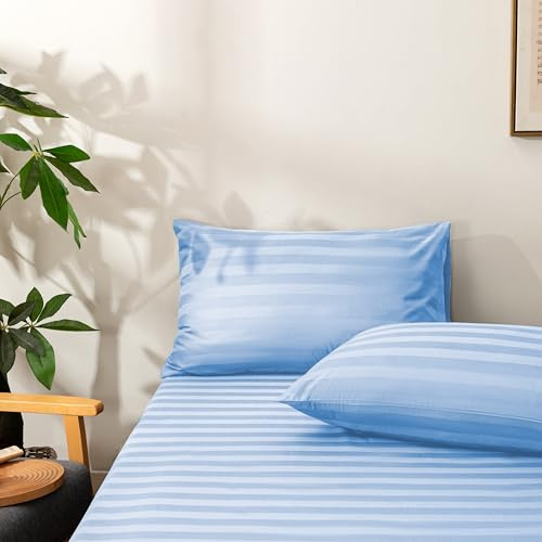 NookZuzu 2 Piece Cotton Stripe Fitted Sheet and Pillowcase Set,Including 1 Twin Blue Fitted Sheet & 1 Pillowcase Set,Organic Cotton Deep Pocket Fitted Sheet，NO Flat Sheet Included,Soft and Cooling