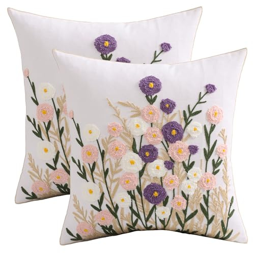 Tosleo Spring Floral Pillow Covers 18x18 Inch Set of 2 Cotton Embroidery Farmhouse Throw Pillow Cover Outdoor Garden Cushion Case Summer Decorations for Home (Purple and Pink Flower,18x18)