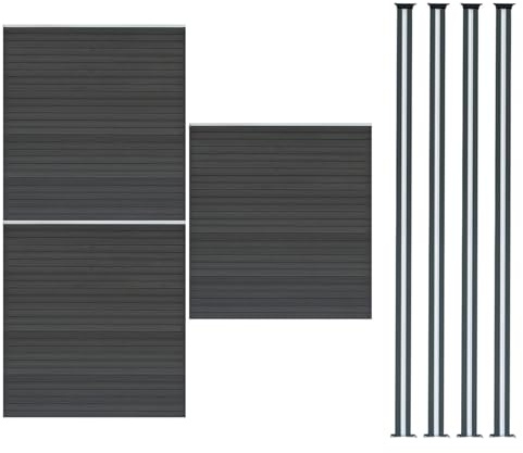 WPC Sichtschutzzaun x3 & Aluminium Zaunpfosten x4, 1,85m Steckzaun Grau Doppelseitig Holzmaserung Lattenzaun Kunststoff Garten Einfahrt Sichtschutz 185cm x 526cm, Solarbetriebene LED-Beleuchtung