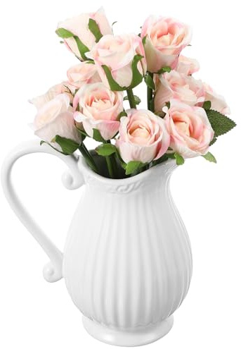 jojofuny Vase Pichet en Céramique Blanc Rayé Vase Décoratif de Table pour Chambre et Maison Conteneur de Fleurs Séchées Décoration Intérieure Nordique 1 Pièce