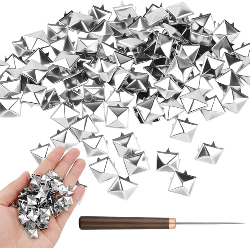 100Pcs 10mm Silver Pyramid Studs Kit with Scratch Awl, 4-Prong | Metal Spikes and Claw Rivets for Leather Craft, Square Punk Rock Fasteners for Clothing, Belts, Bags, Jackets, Shoes