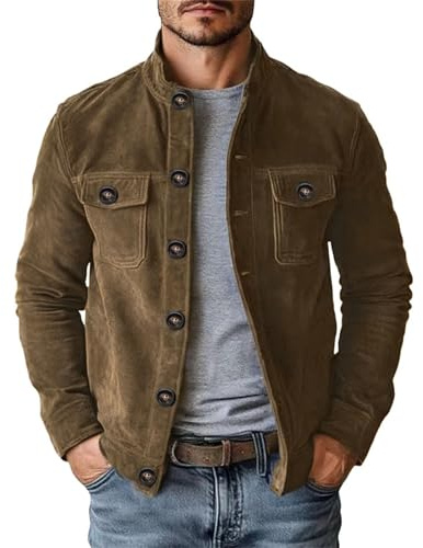 JOFOW Faux Suede Jackets for Men Casual Trendy Button Down Stand Collar Spring Cowboy Coats Brown S