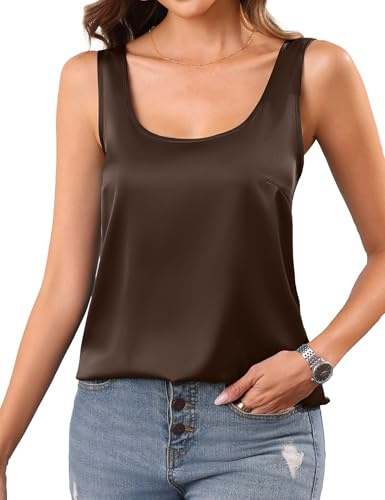 Aottori Camiseta Sin Mangas Satén Mujer Verano Básico Cuello U Suelto Elegante Top Liso Elástico Camisola Casual Marrón S