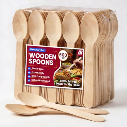 Aibulo 500pcs Disposable Wooden Spoons – Eco-Friendly Biodegradable & Compostable Birchwood Cutlery – Sturdy Wooden Spoons for Parties, Picnics, Catering, Camping & Events