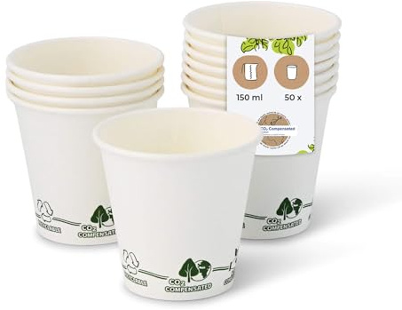 BIOZOYG 50x bicchierini caffè 150 ml / 6 oz, Ø 80 mm bianco con motivo ambientale - bicchieri carta senza plastica e con materiali sostenibili - bicchierini caffe carta