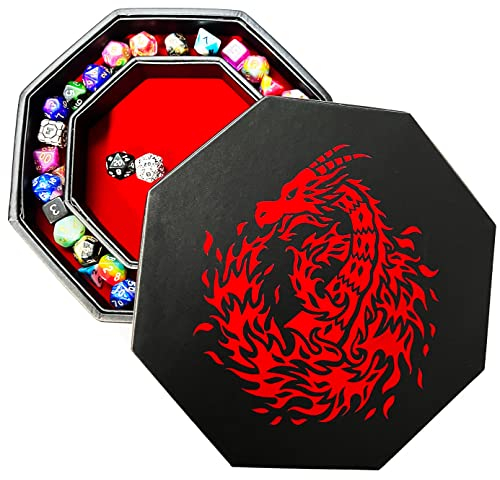 Fantasydice - Rosso - Fire Dragon - Vassoio per dadi - Ottagono da 20 cm con coperchio e area di messa in scena dei dadi - Contiene 5 set di dadi (7/standard) per tutti i giochi di ruolo da tavolo