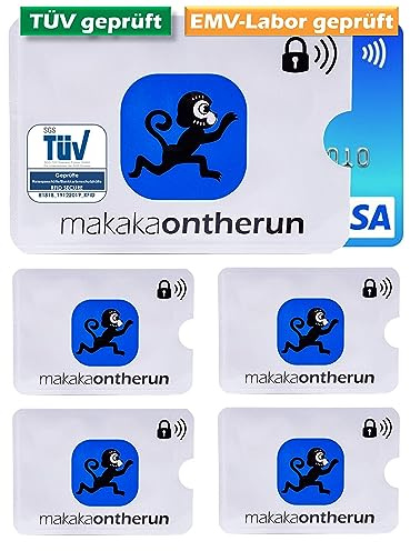 MakakaOnTheRun 5X RFID Blocker Kartenhülle (3fach geprüft: TÜV + EMV + HF-Labor) - EC Karten Schutzhülle, Karten Hüllen für Geldbörsen, Ausweis- & Kartenhüllen, NFC Schutzhülle
