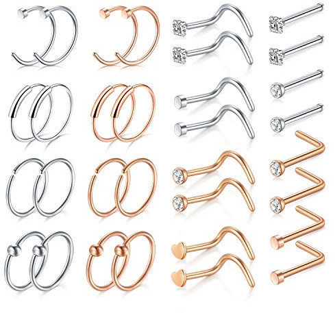 Mayhoop 20 Gauge Nasenpiercing Set Chirurgenstahl L Förmig Nasenstecker Spirale Nase Stecker Nasenring Nase Piercing Schmuck 32Stk Rosegold und Silber Farbe