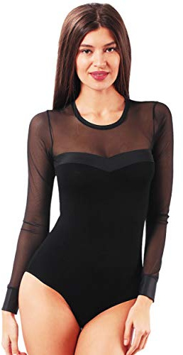 VEDATS Damen Body Langarm Rundhals Bodysuit mit transparentem Netzeinsatz