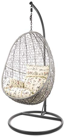 Kideo Komplettset: Hängesessel mit Gestell & Kissen, Korbsessel, Poly-Rattan (Gestell- und Korbfarbe: grau, Kissen: beige/Gemustert Nest (7050_travel))