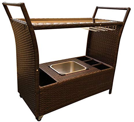 Chusstang Rattan Trolley Bar Outdoor Ice Cooler Table Rolling Serving Cart Rack Storage Shelf Swivel Wheels Handle Bar Party Garden Backyard Furniture