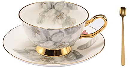 Pfedxoon Bone China Tea Cup Set with Saucer and Spoon (240ml), Cappuccino and Latte Cups, British Porcelain Set, Mother's Day Gift (Gray)