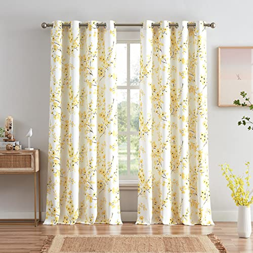 Melodieux Floral Curtains 96 Inches Long for Living Room, Farmhouse Yellow Apricot Flower Print White Decorative Grommet Drapes, 52x96 Inch, 2 Panels