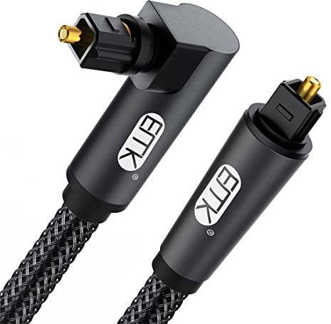EMK Cable óptico de ángulo recto, cable de fibra óptica de enchufe Toslink giratorio de 90 grados para reproductor de Blu-Ray, barra de sonido, HDTV, PS3/PS4, Xbox y más (4M, Cable Óptico 90°, Negro)