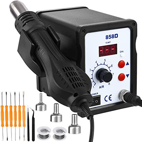 FAOKZE Heißluft Lötstation, 700W Lötstation Entlötstation Rework Station mit 3 Heißluftföhn Mundstücke,858D LED Digital Temperatur-Anzeige 100~480°C, mit 2 Rollen Zinndraht geliefert und 2 Pinzetten.