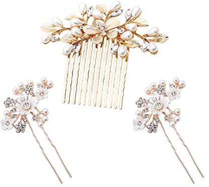 3 Pezzi Pettine per Capelli da Sposa, Set di Fermagli per Capelli da Sposa, Pettine per Capelli da Sposa con Perle, per Accessori per Capelli da Sposa Fascia da Sposa (Oro)