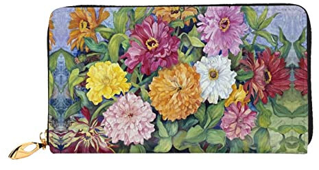 Damen Geldbörse Portemonnaie Brieftasche aus echtem Leder, Wasserfall Leder mit Reißverschluss um die Geldbörse Clutch Reisetasche, Bunte Frühling Sommer Blume, Einheitsgröße